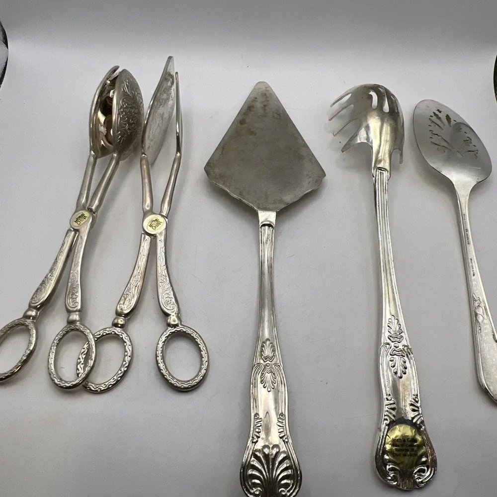 5pc Silver Plate Hostess Serving Set Wm A Rogers Calla Lily Slotted Spoon Tongs